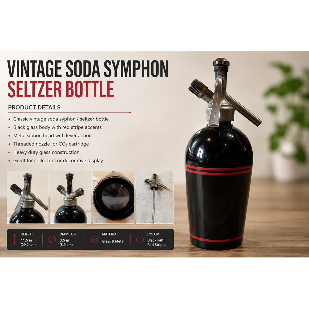 Vintage Sparklets London Soda Syphon Black Glass Red Stripe Art Deco Barware